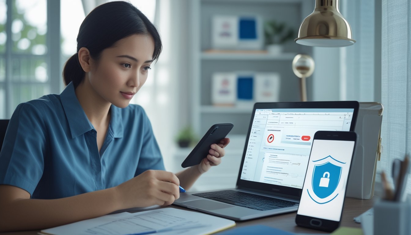 Seseorang memeriksa keamanan dan legalitas platform digital melalui laptop dan ponsel di ruang kerja.