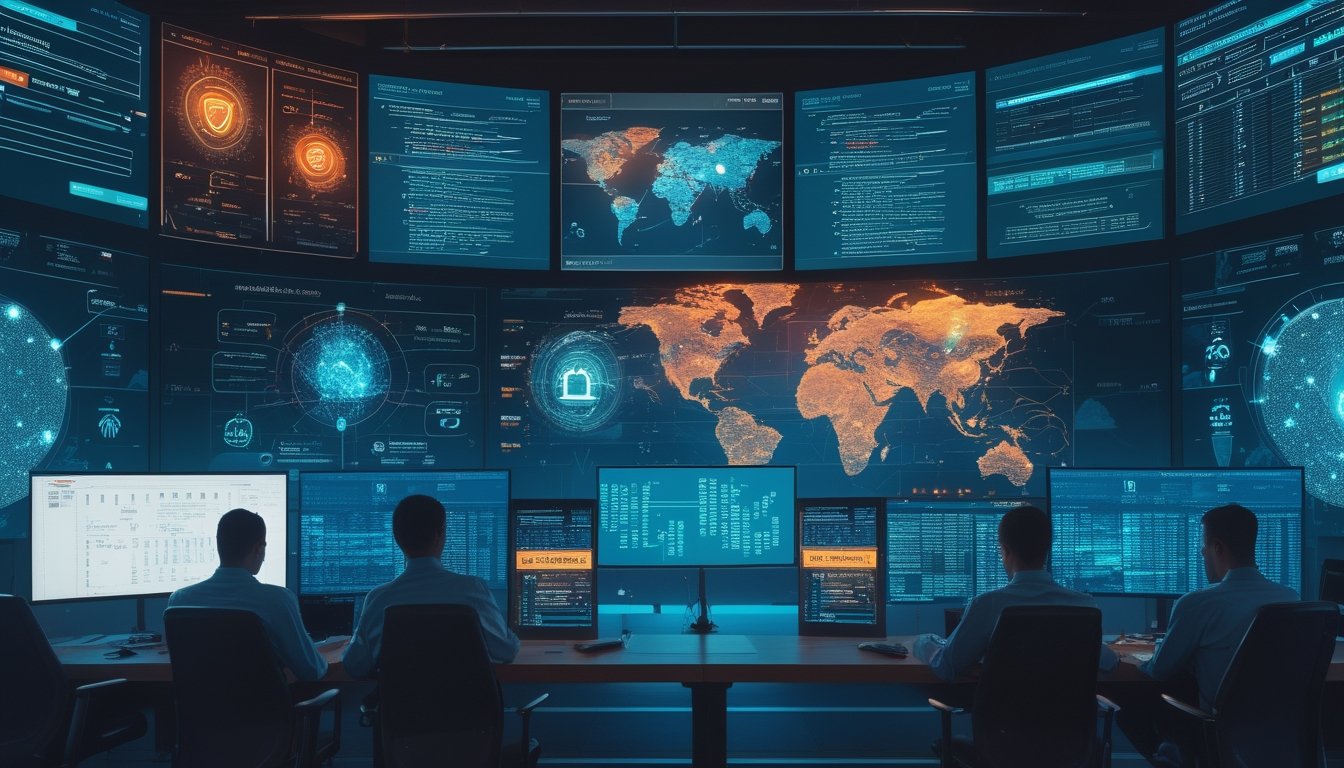 Analis keamanan memantau perlindungan data pemain dan ancaman siber di pusat operasi keamanan modern.