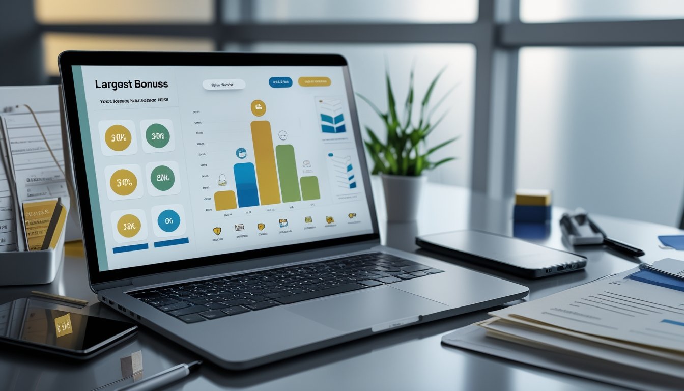 Meja kerja modern dengan laptop yang menampilkan grafik perbandingan bonus abstrak, kalkulator, ponsel, dan dokumen.