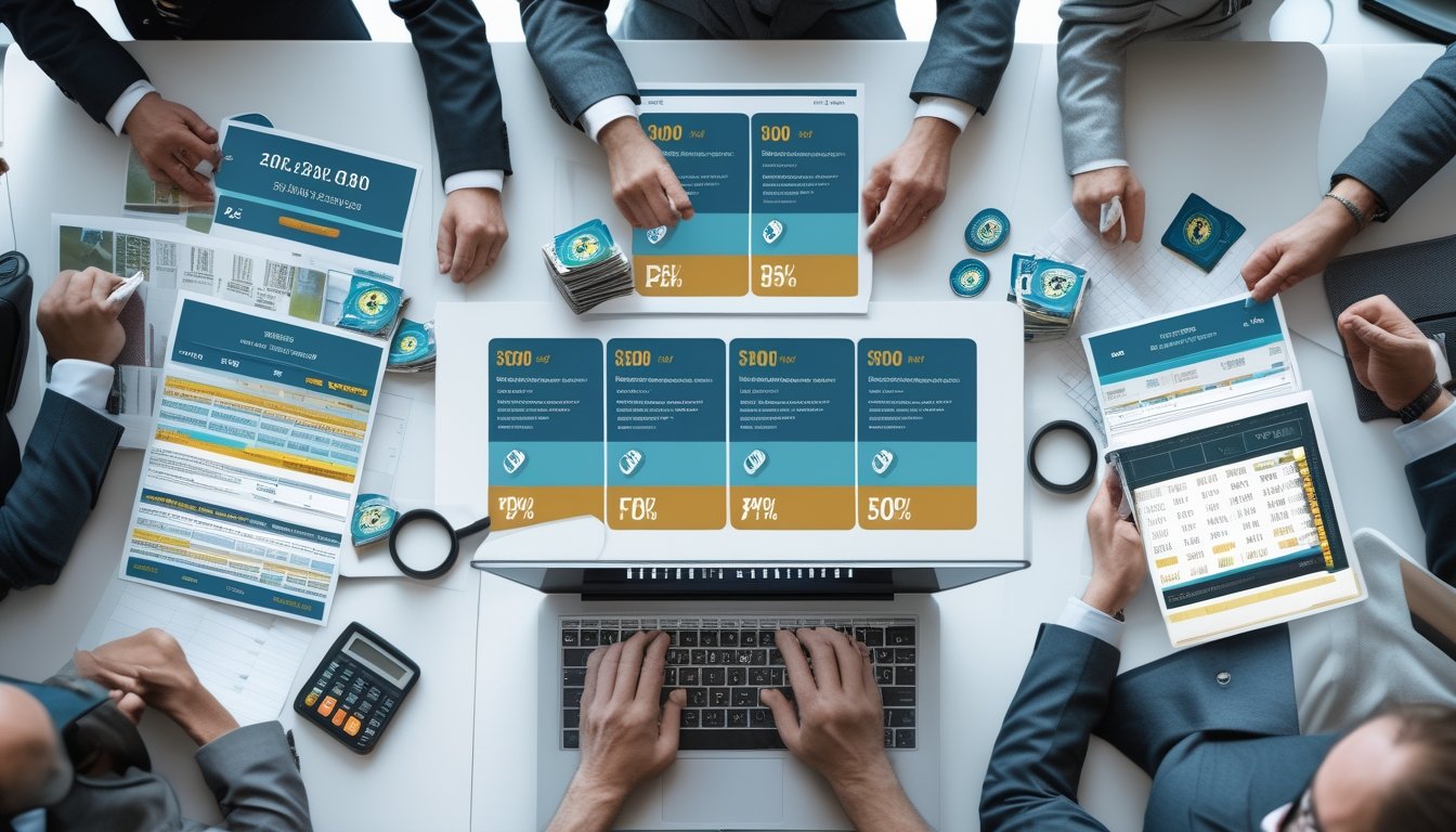 Sejumlah profesional membandingkan berbagai penawaran bonus menggunakan laptop, tablet, dan dokumen analisis di meja kerja.
