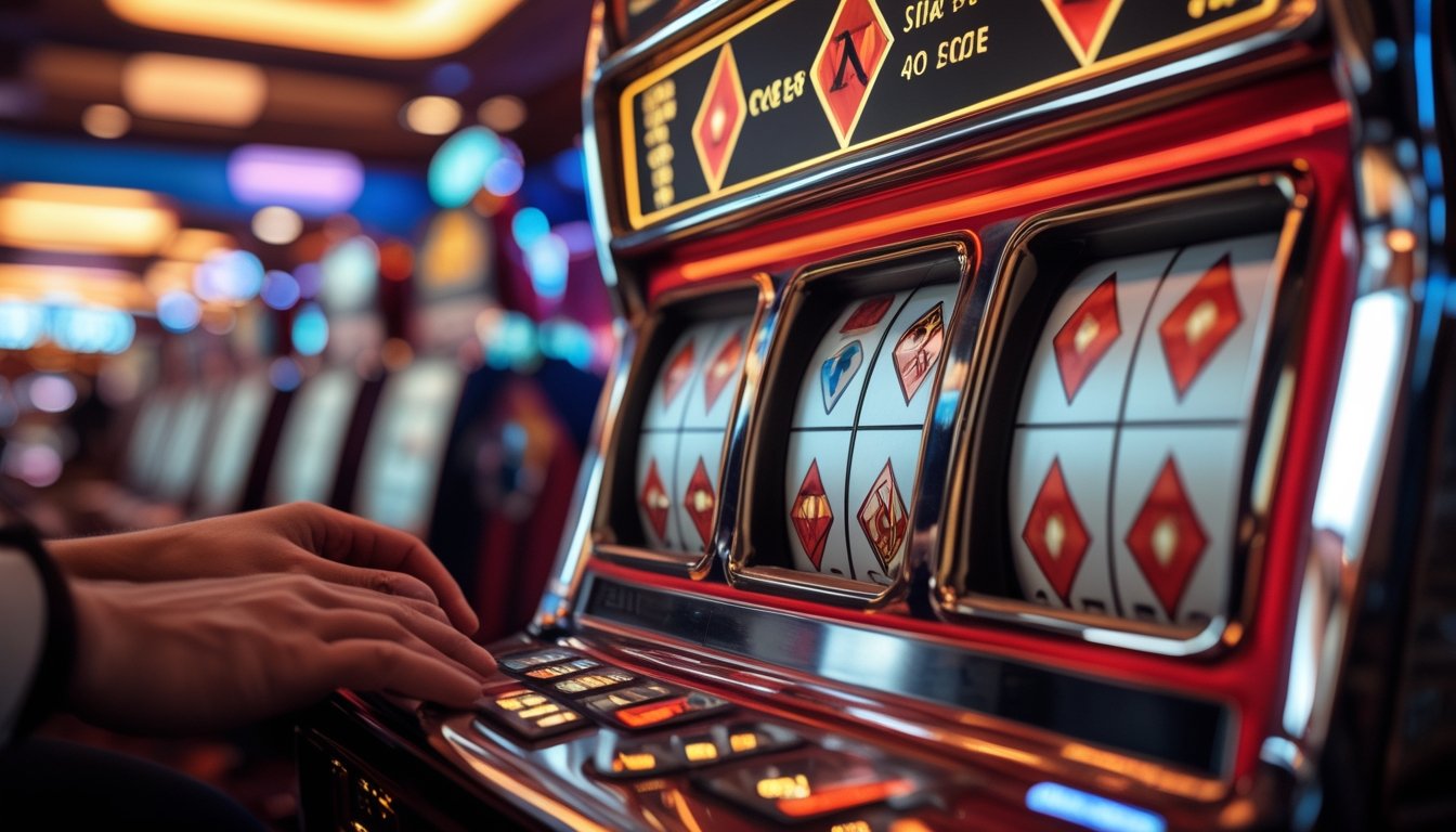 Mesin slot bergaya Las Vegas klasik dengan lampu merah dan emas di suasana kasino yang elegan.
