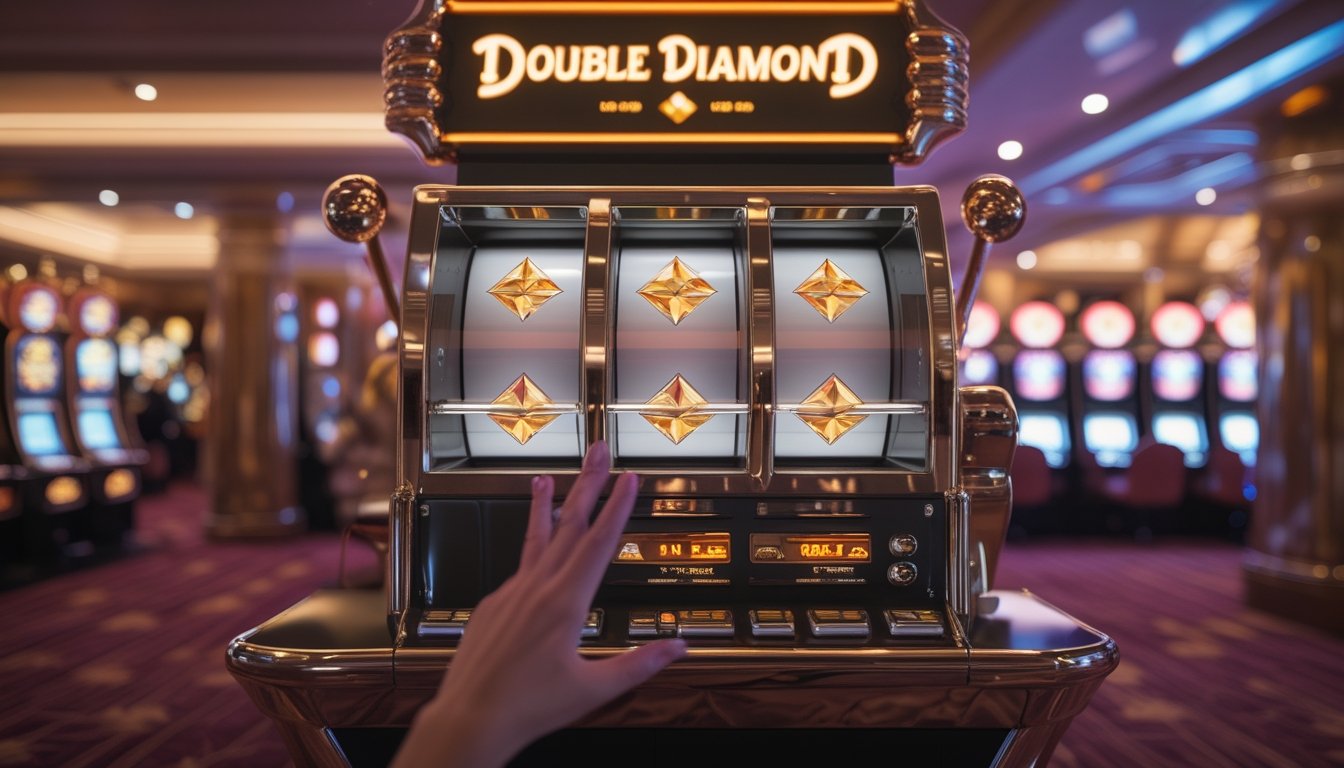Seorang pemain merayakan kemenangan di depan mesin slot berlambang berlian dalam suasana kasino bergaya Las Vegas klasik.