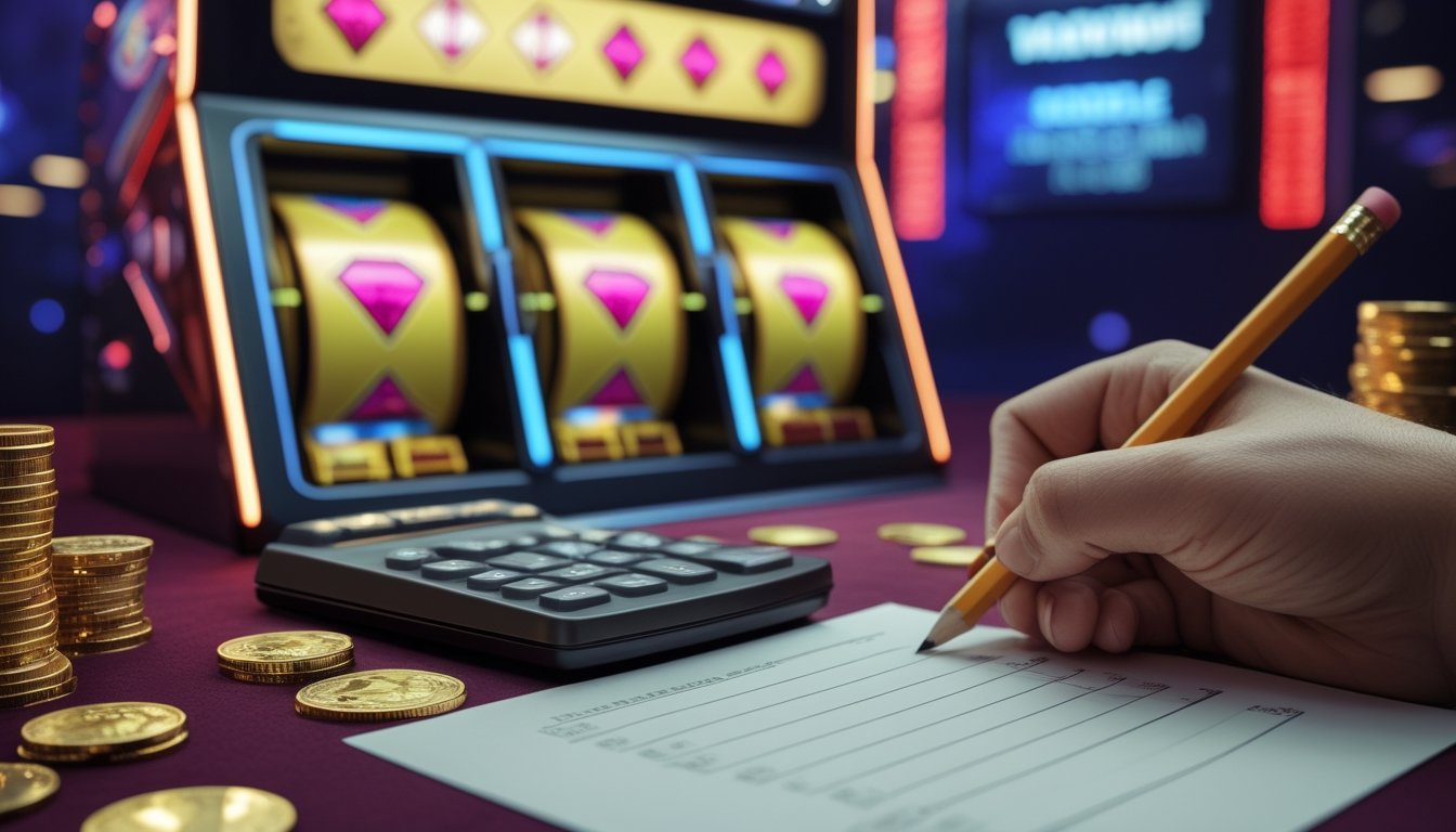 Meja dengan mesin slot bergambar berlian, kalkulator, koin, dan kertas kosong untuk menghitung pembayaran jackpot.