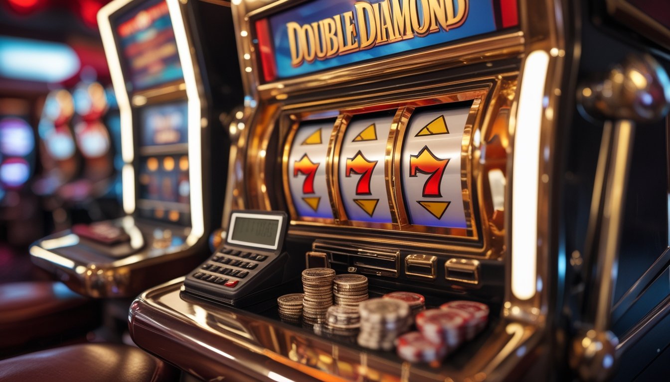 Mesin slot klasik dengan simbol berlian dan koin kasino di sampingnya.