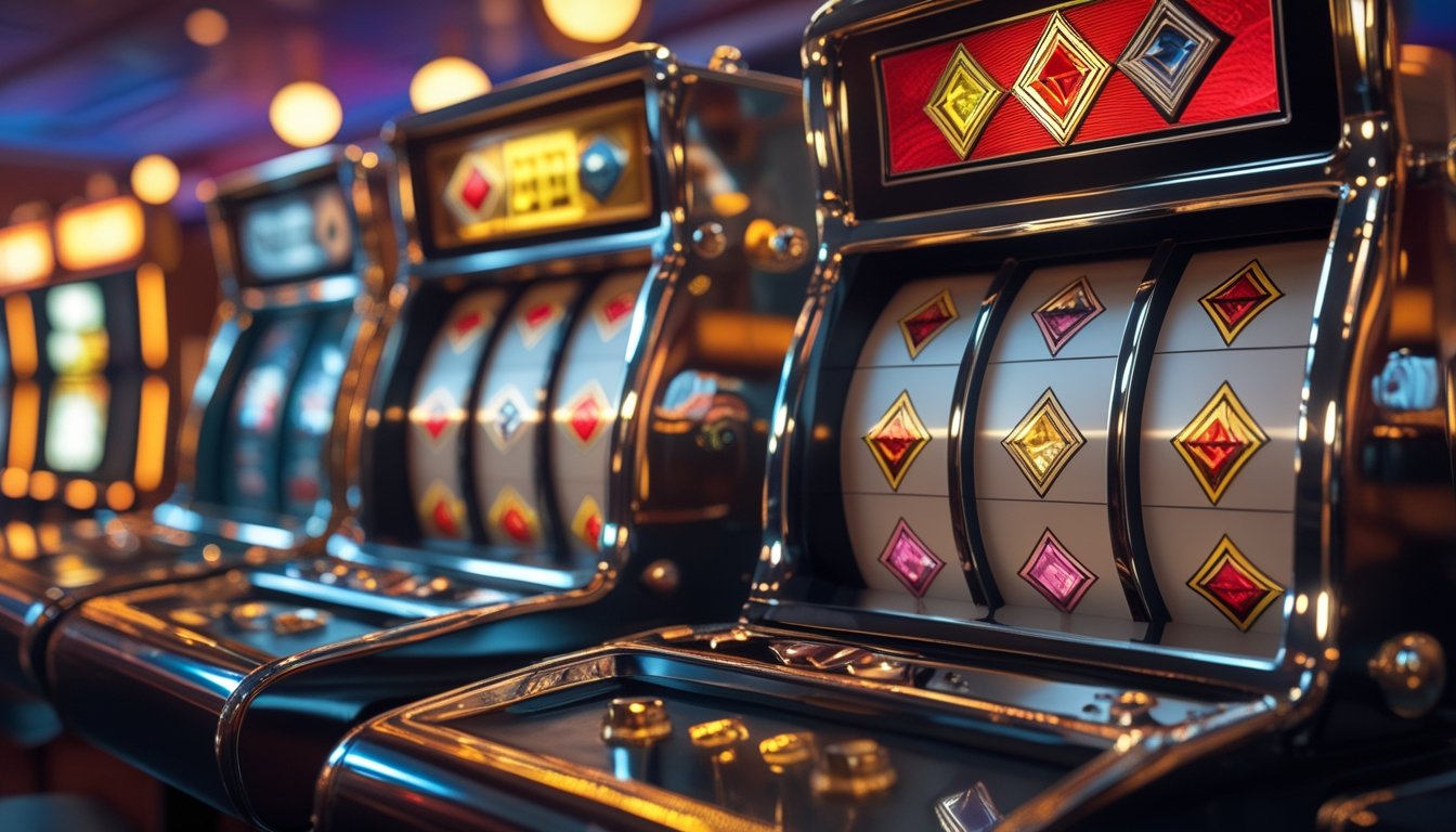 Dua mesin slot klasik dengan simbol berlian berdampingan di meja kasino.