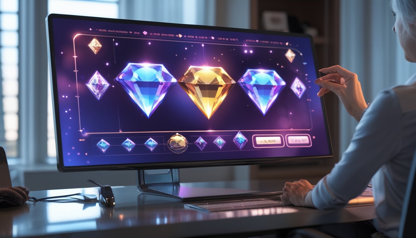 Perangkat komputer dan ponsel menampilkan permainan slot bertema berlian di atas meja kerja modern.