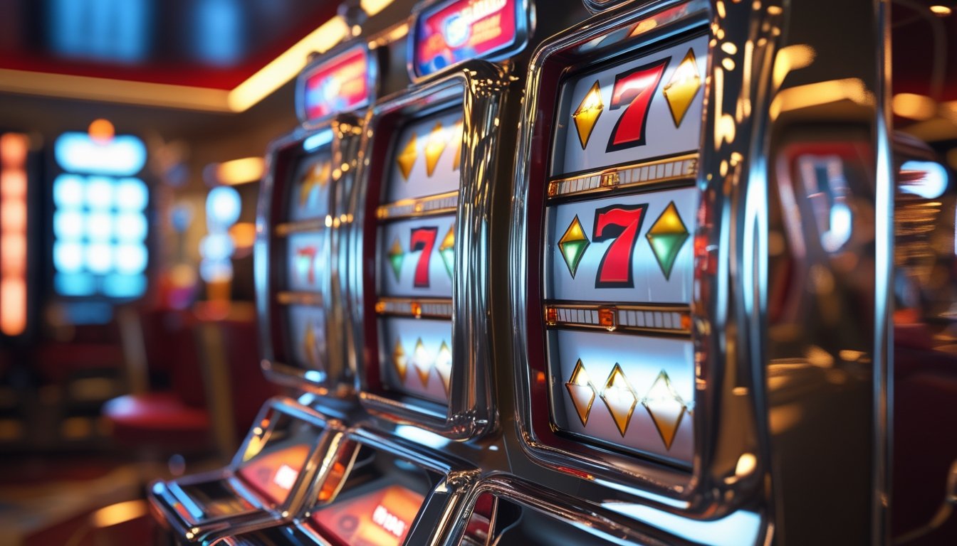 Mesin slot bertema berlian berada di ruang hiburan dengan pencahayaan hangat.