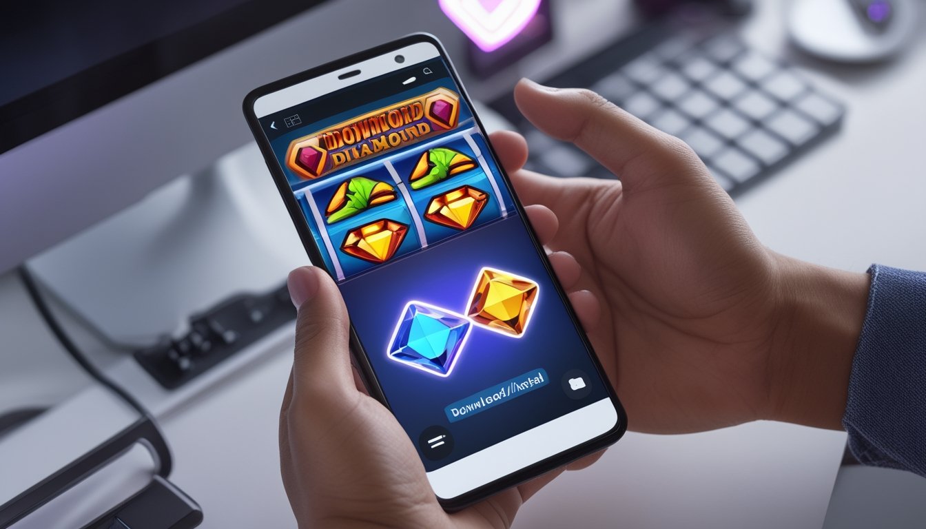Tangan memegang ponsel Android yang menampilkan permainan slot berlian ganda di atas meja modern.