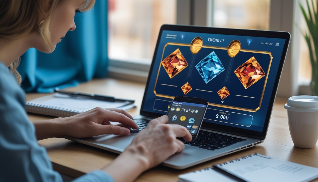 Orang dewasa meninjau anggaran permainan slot online di meja dengan laptop, ponsel, kalkulator, dan buku catatan.