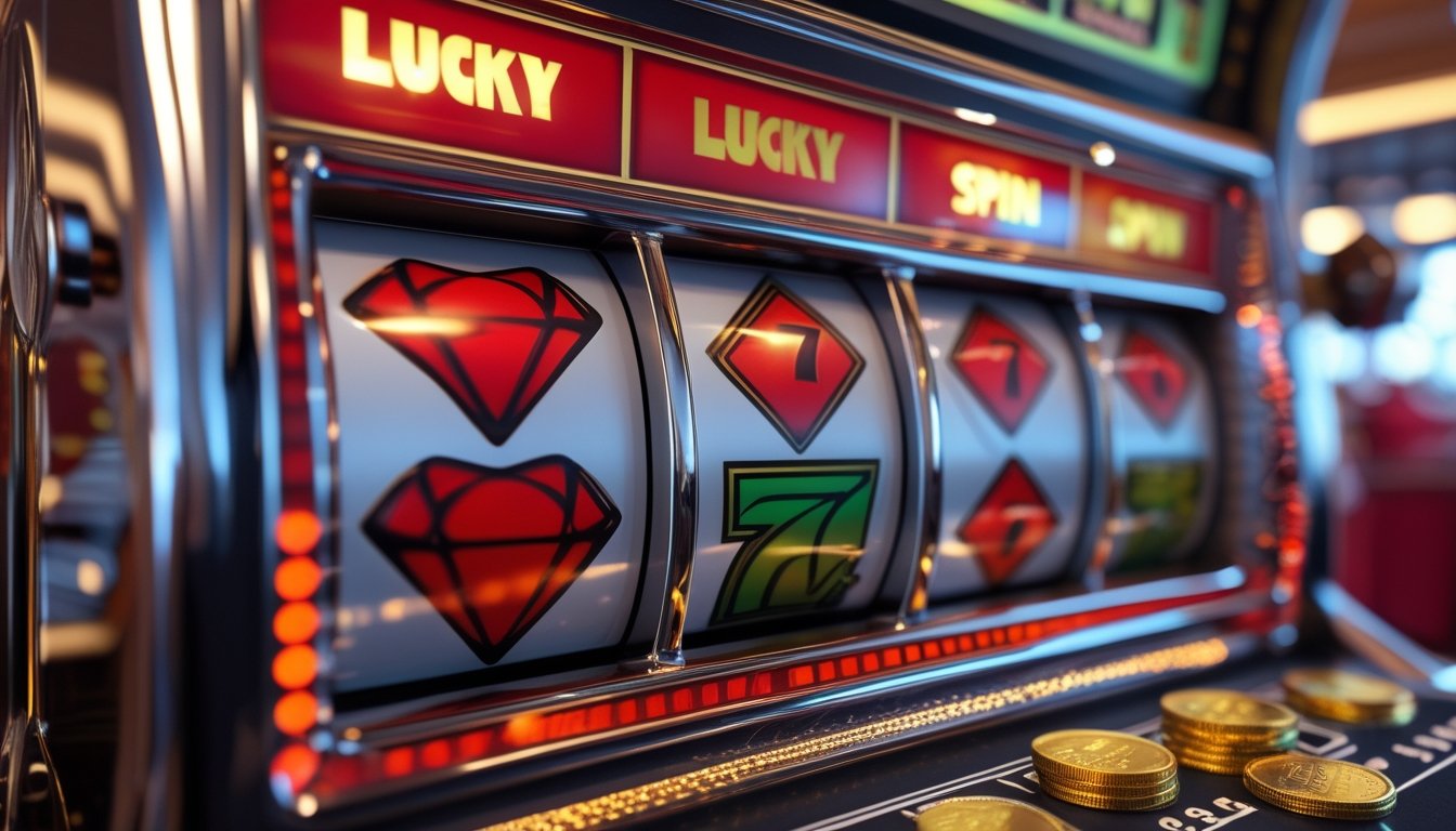 Mesin slot klasik menampilkan kombinasi simbol kemenangan dengan cahaya meriah dan koin di sekitarnya.
