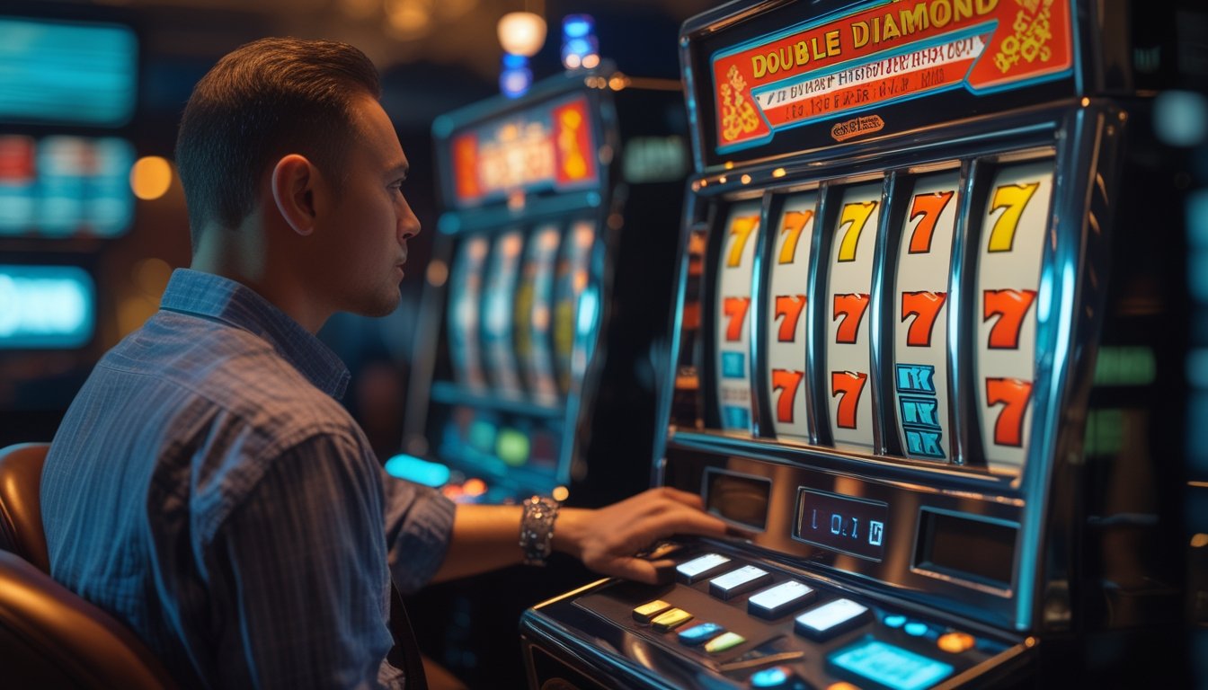 Pemain mengamati mesin slot Double Diamond dengan simbol kemenangan di lingkungan kasino.