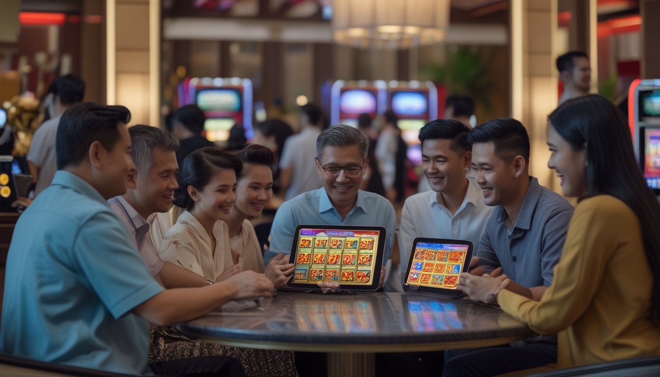 Sekelompok orang dewasa Indonesia berkumpul dan berbincang sambil melihat permainan slot di perangkat digital.