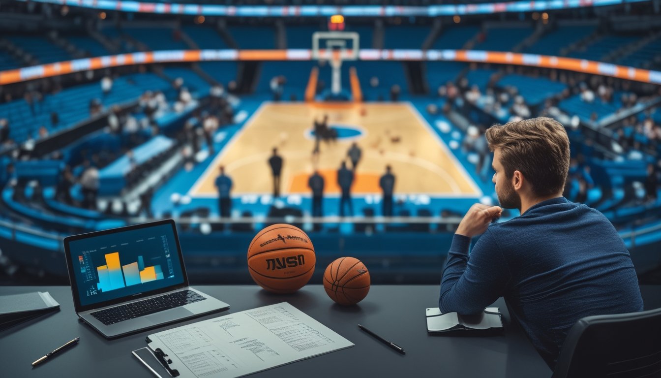 Seorang analis mempelajari strategi basket di arena kandang yang ramai sementara para pemain melakukan pemanasan.