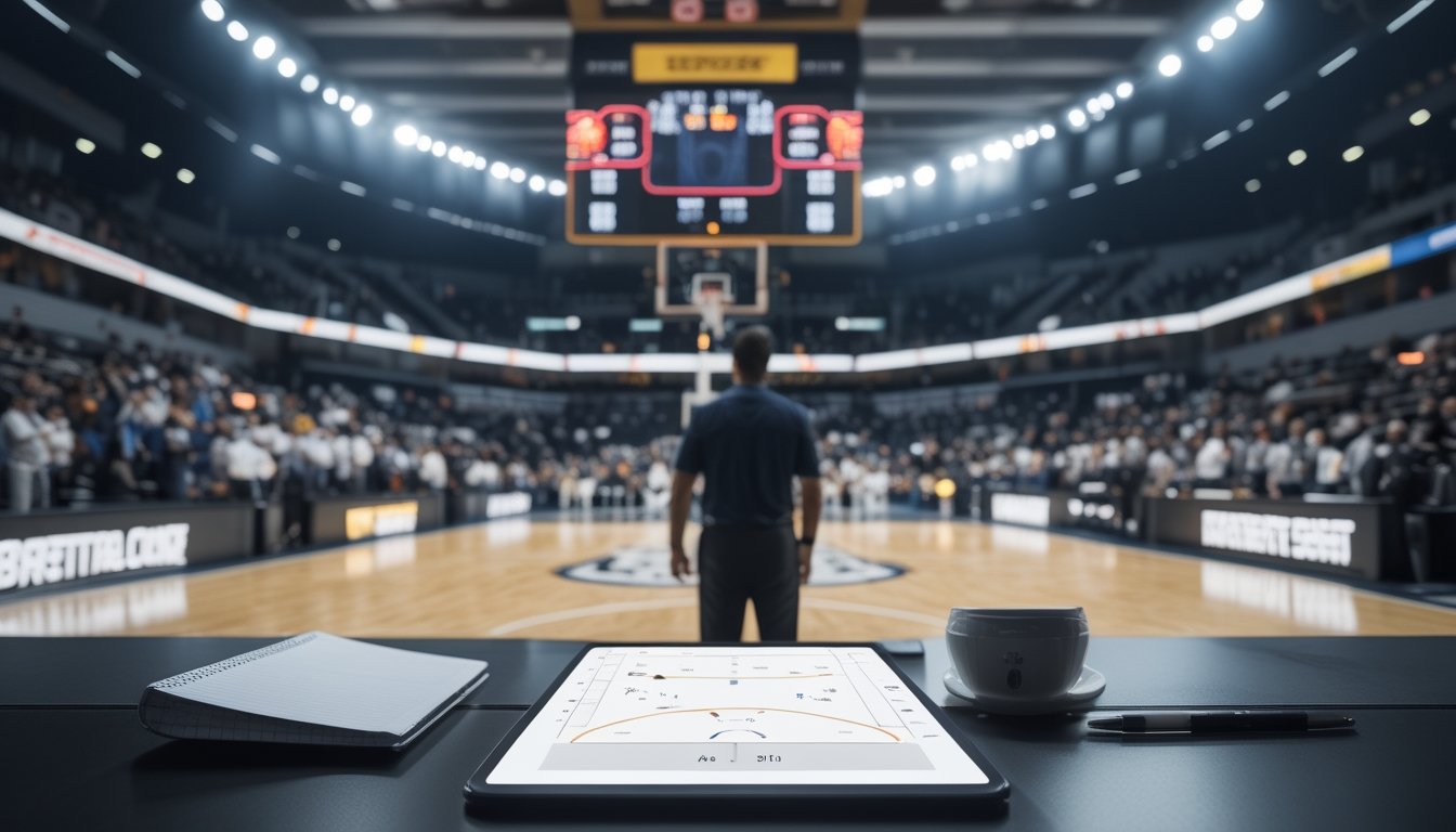 Seorang analis mempelajari statistik pertandingan basket di tepi lapangan saat tim tuan rumah berlatih dan penonton memenuhi arena.