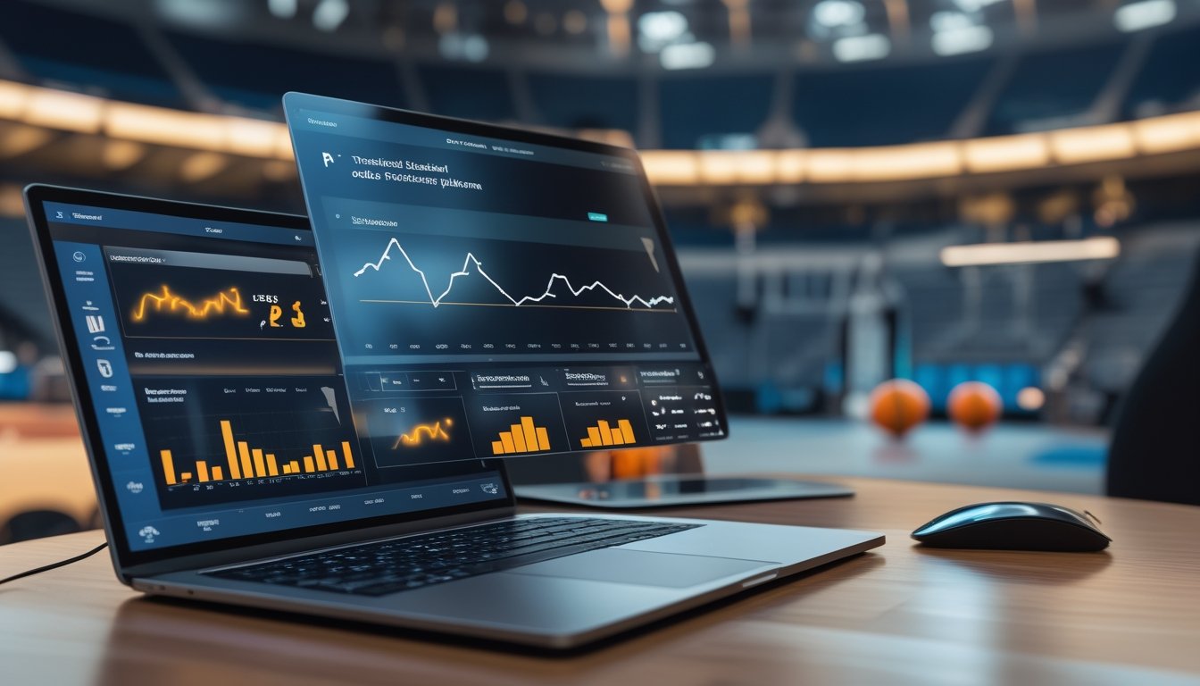 Analis profesional meninjau data pertandingan bola basket di ruang kerja modern dengan laptop, tablet, dan bola basket.