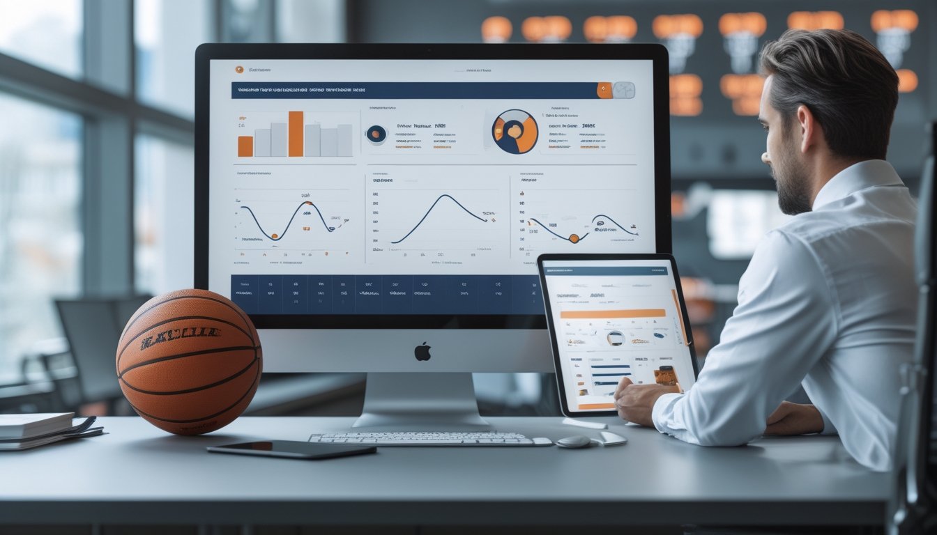 Analis memeriksa data prediksi pertandingan bola basket pada beberapa perangkat digital di ruang kerja modern.