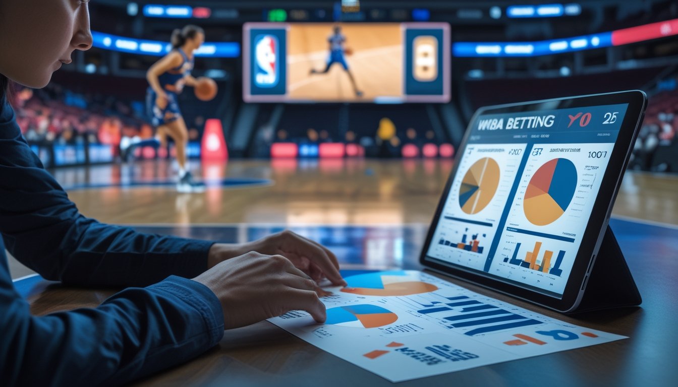 Analis sedang membandingkan data pertandingan basket putri di ruang kerja olahraga.