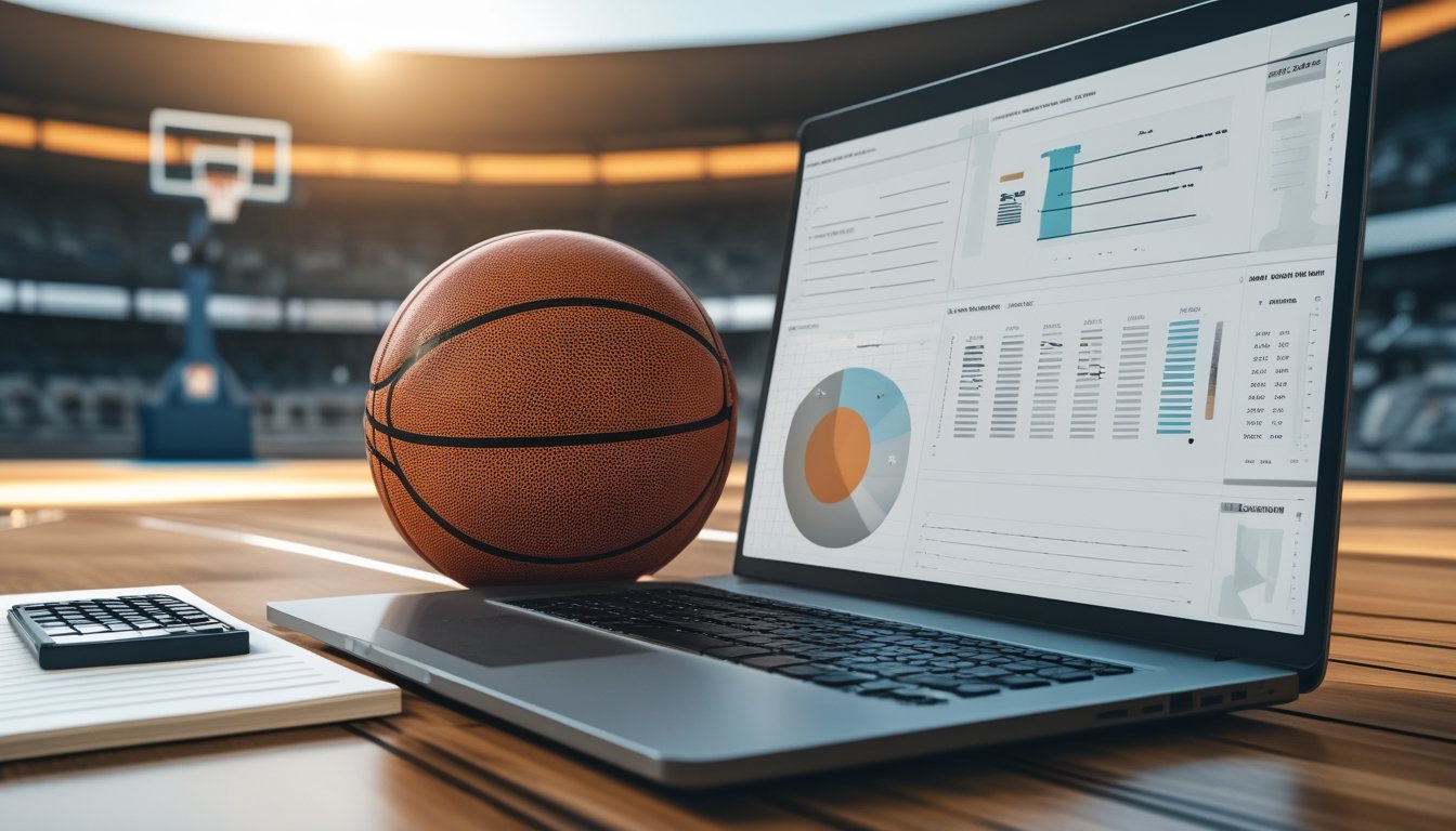 Bola basket di samping laptop analisis dan kalkulator dalam ruang kerja dengan lapangan basket yang terlihat samar di latar belakang.
