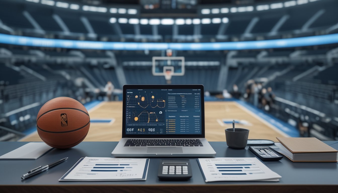 Meja analisis dengan bola basket, laptop berisi grafik abstrak, dan arena basket kosong di latar belakang.