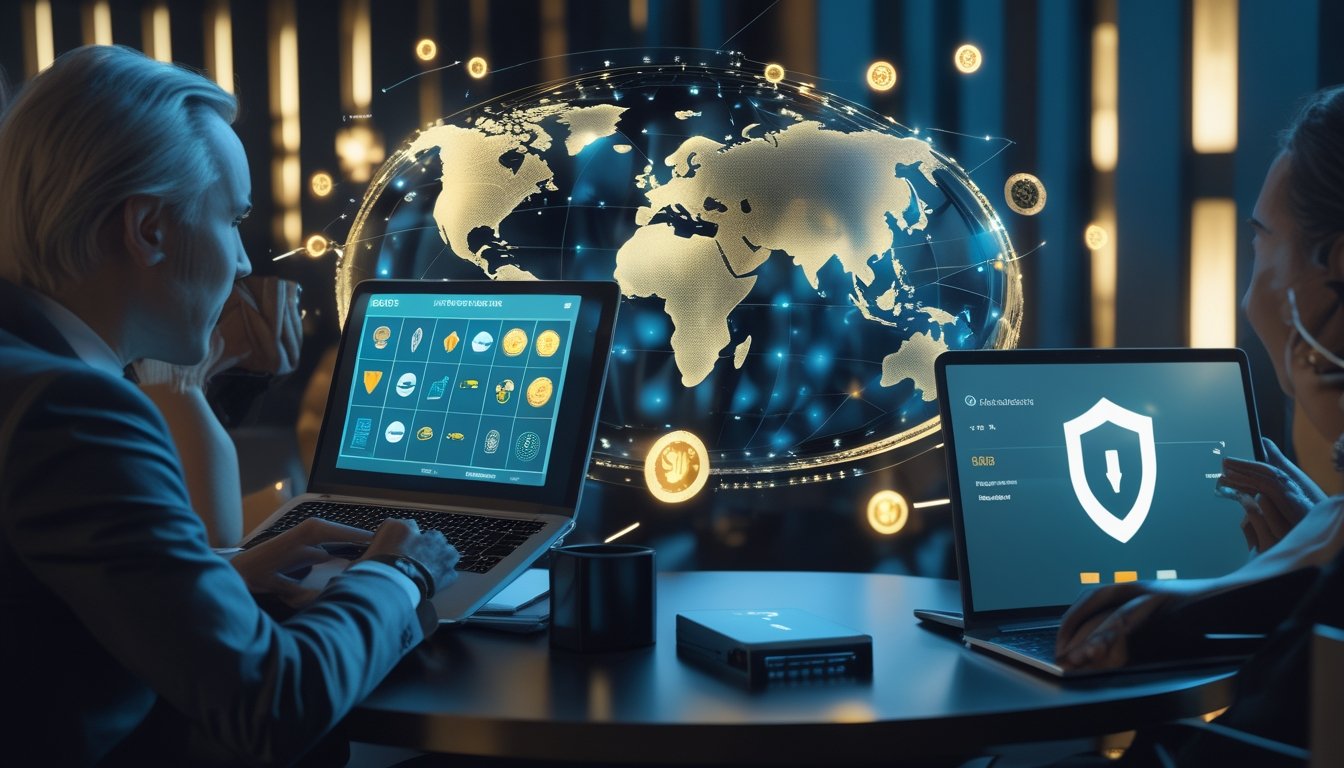 Orang dewasa menggunakan perangkat digital untuk mengakses platform hiburan kasino online dengan latar konektivitas internasional dan keamanan digital.