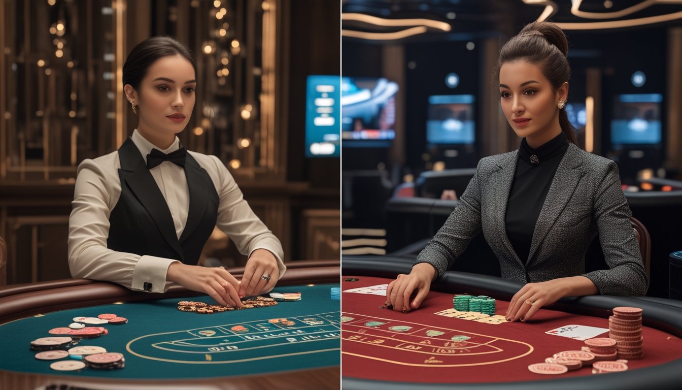 Perbandingan meja baccarat tradisional dan studio baccarat modern dengan dealer, kartu, chip, dan kamera siaran.