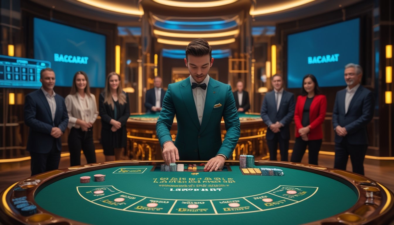 Dealer membagikan kartu baccarat di meja kasino dengan kamera dan layar siaran modern di latar belakang.