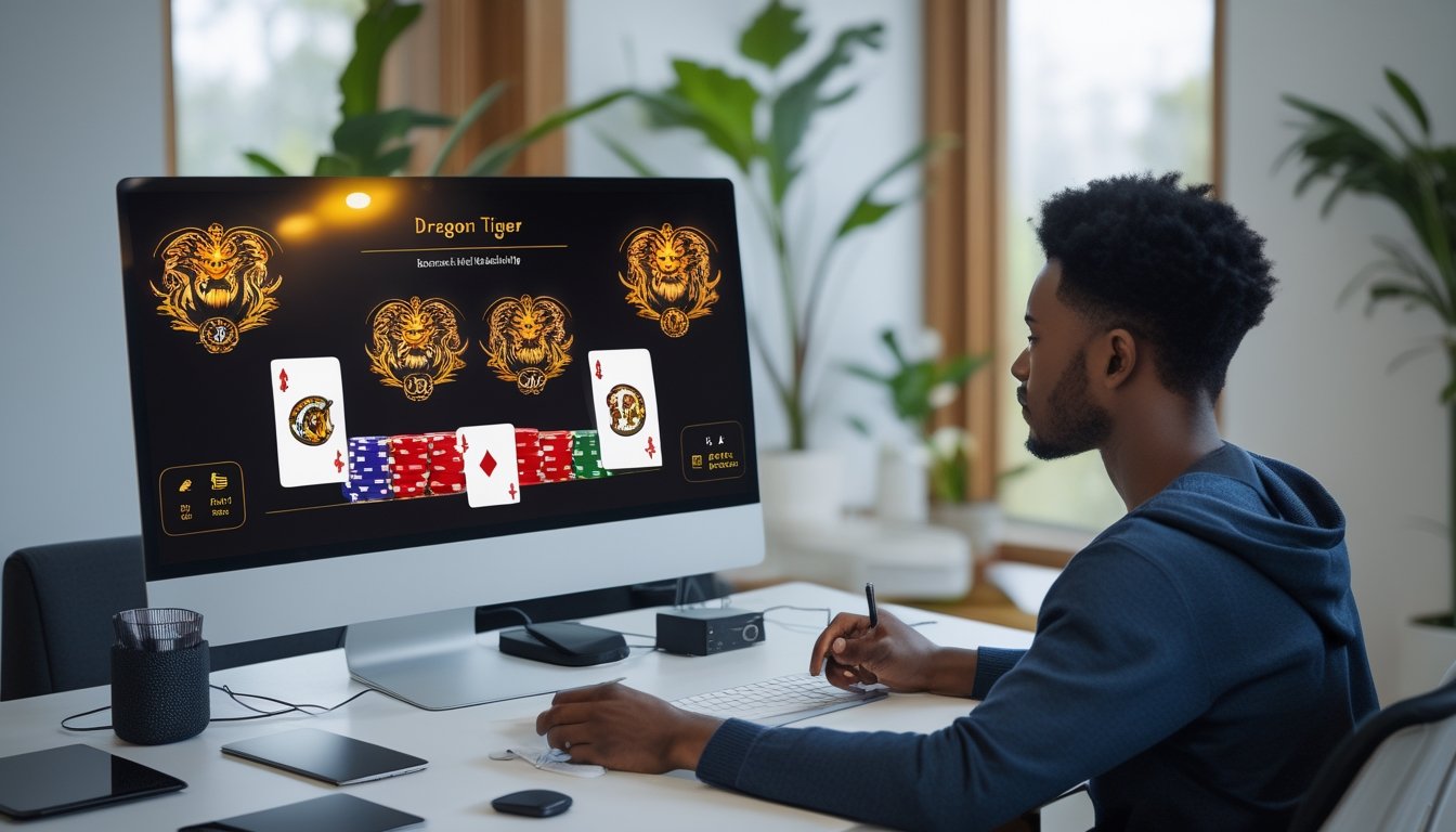 Seorang pemula mempelajari permainan kartu Dragon Tiger online di depan komputer dengan meja virtual bergambar naga dan harimau.