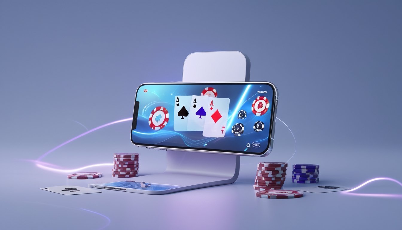 Ponsel menampilkan permainan kasino digital dengan kartu dan keping di atas meja modern.