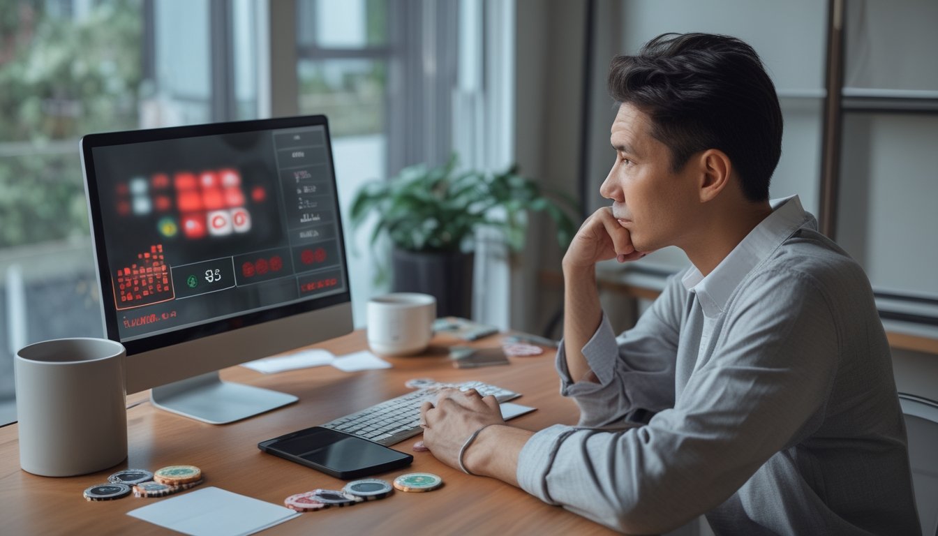 Seseorang menutup laptop sambil meninjau anggaran di meja dengan kartu, keping permainan, kalkulator, dan catatan keuangan.