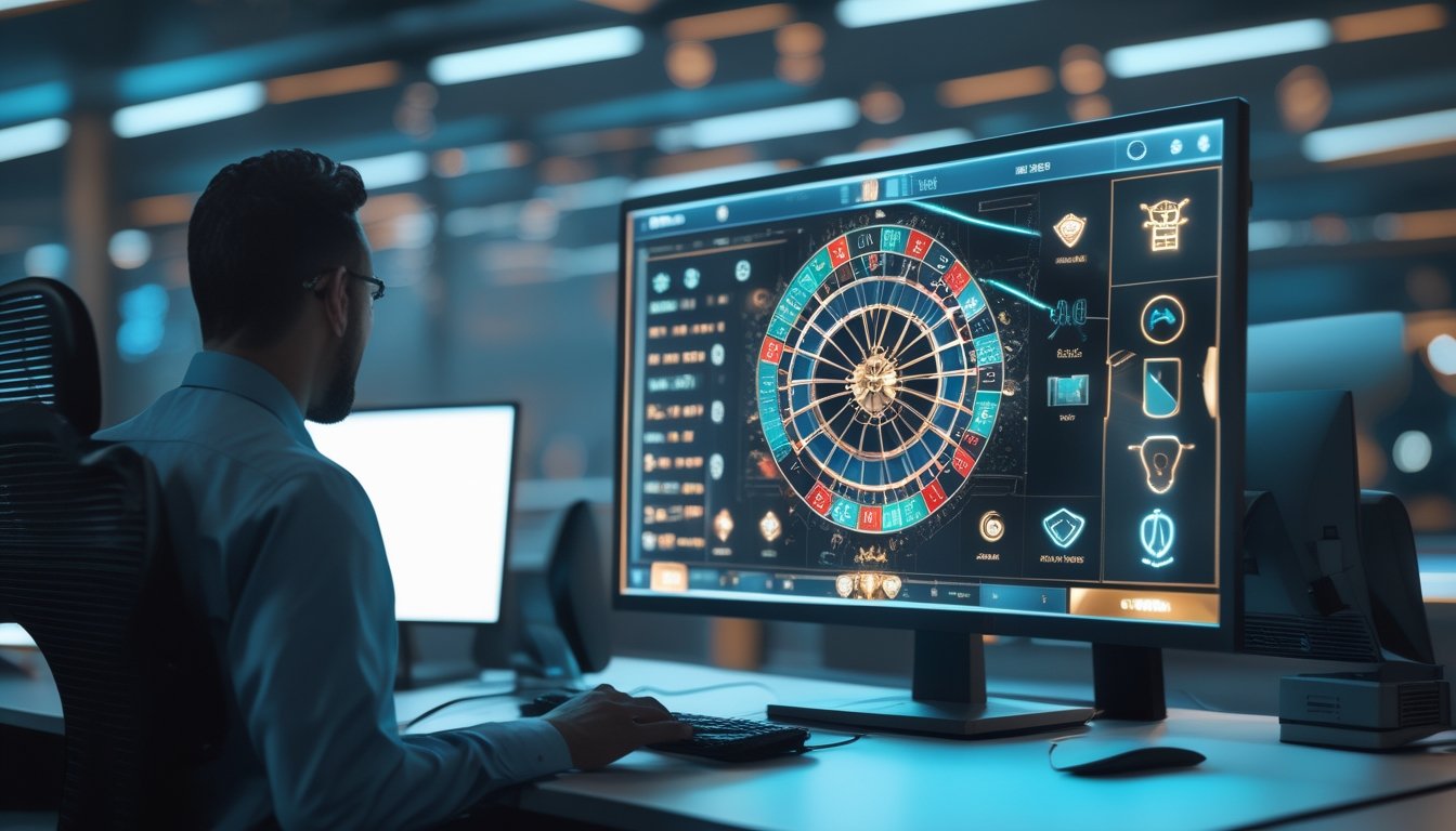 Monitor menampilkan antarmuka permainan kasino digital abstrak dengan visualisasi data, simbol keamanan, dan pola algoritma.