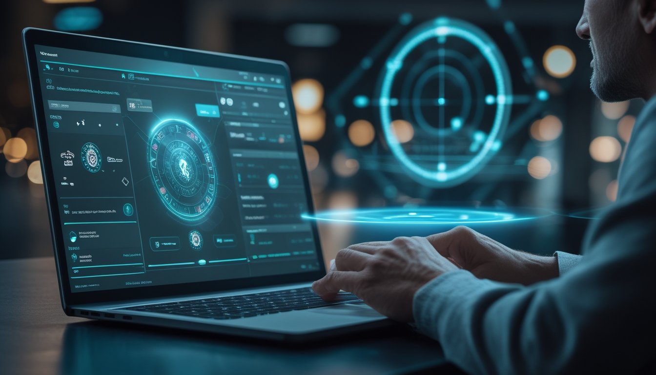 Seseorang meninjau antarmuka permainan kasino digital dengan visual data yang seimbang pada laptop dan ponsel.