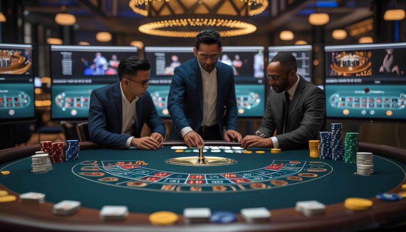 Orang dewasa membandingkan beberapa meja permainan kasino live melalui layar komputer dengan kartu, chip, dan roda roulette di sekitarnya.