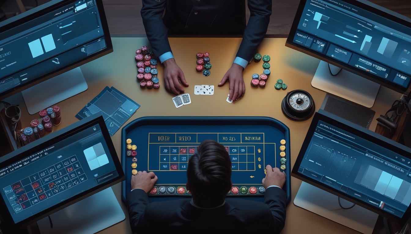 Meja kasino live dengan kartu, koin, roda roulette, dan layar analisis dalam studio modern.