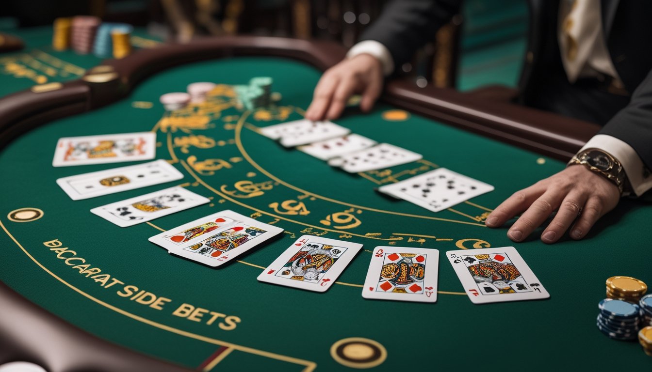 Meja baccarat dengan kartu remi, keping kasino, dan tangan bandar dalam suasana kasino.