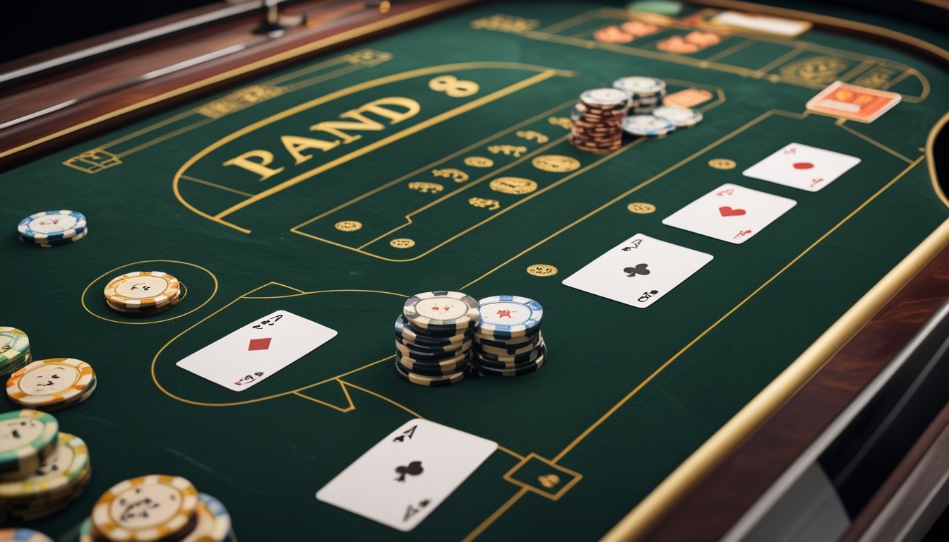 Meja baccarat dengan kartu, keping taruhan, dan area taruhan yang tertata rapi.