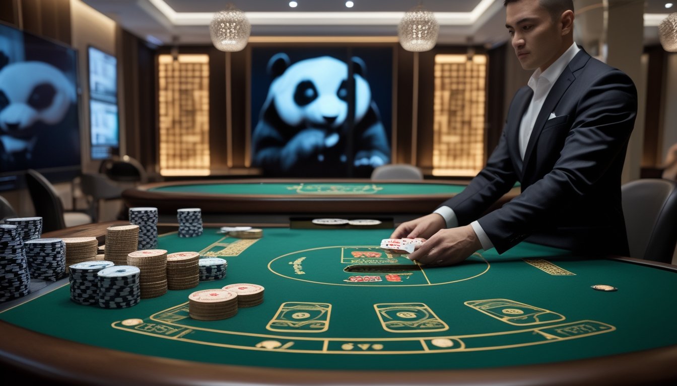 Dealer menata kartu di meja baccarat dengan chip kasino dan dekorasi panda di studio kasino modern.