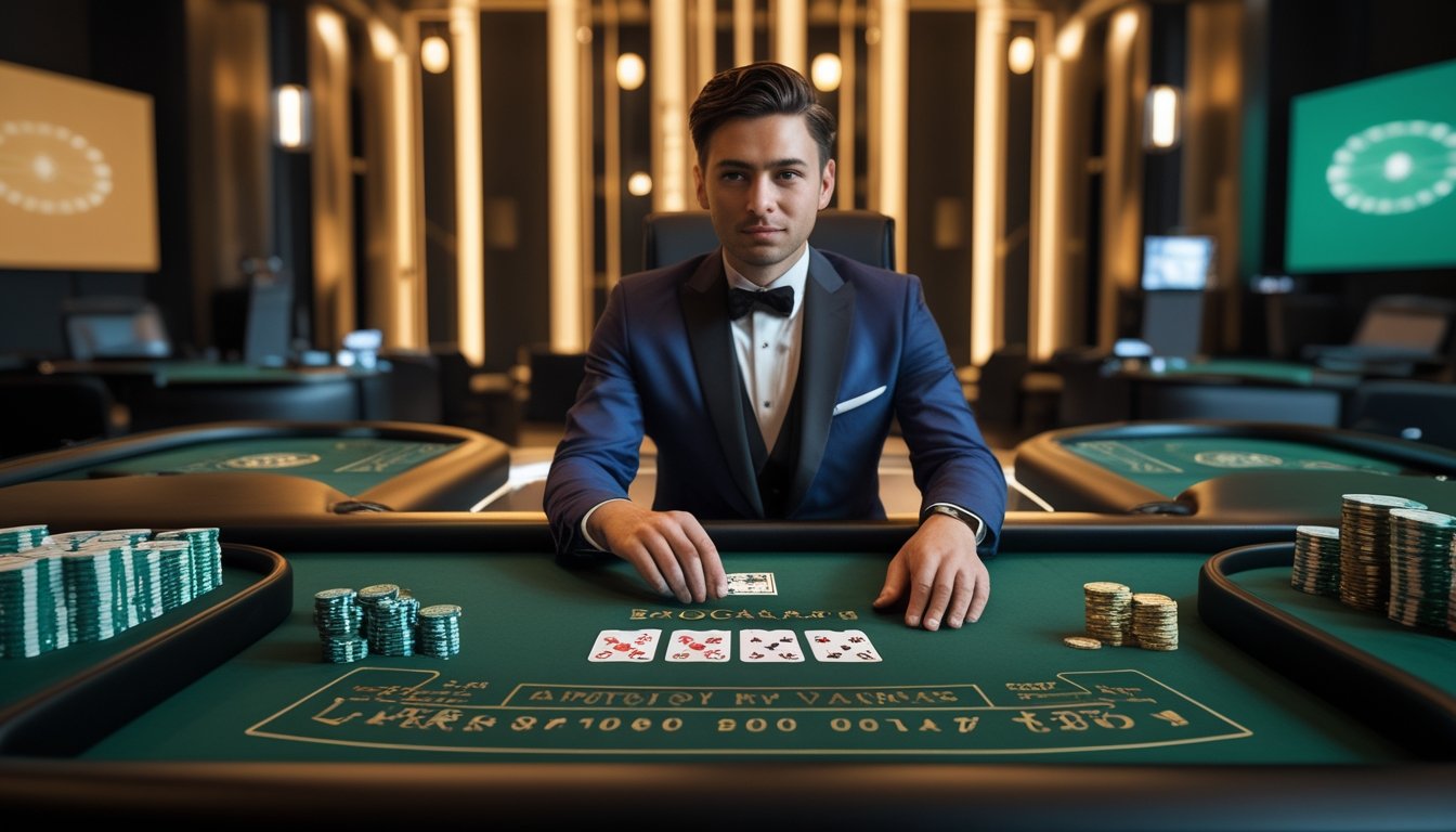 Dealer profesional menyiapkan permainan baccarat di meja kasino dengan kartu dan keping taruhan.