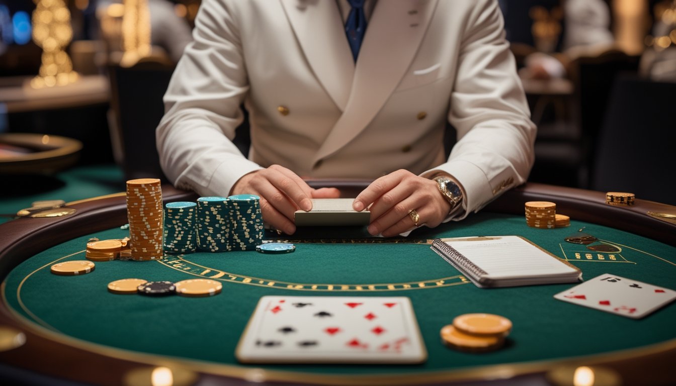 Seorang pemain dewasa menata chip, kartu, dan kalkulator di meja baccarat dengan suasana kasino yang elegan.