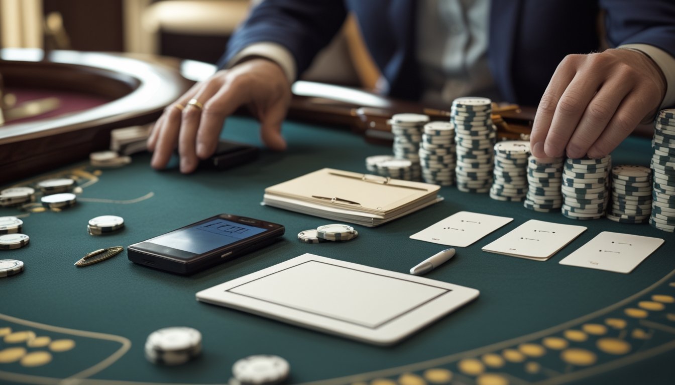 Tangan seseorang mengatur keping kasino, kalkulator, dan buku catatan kosong di meja baccarat.