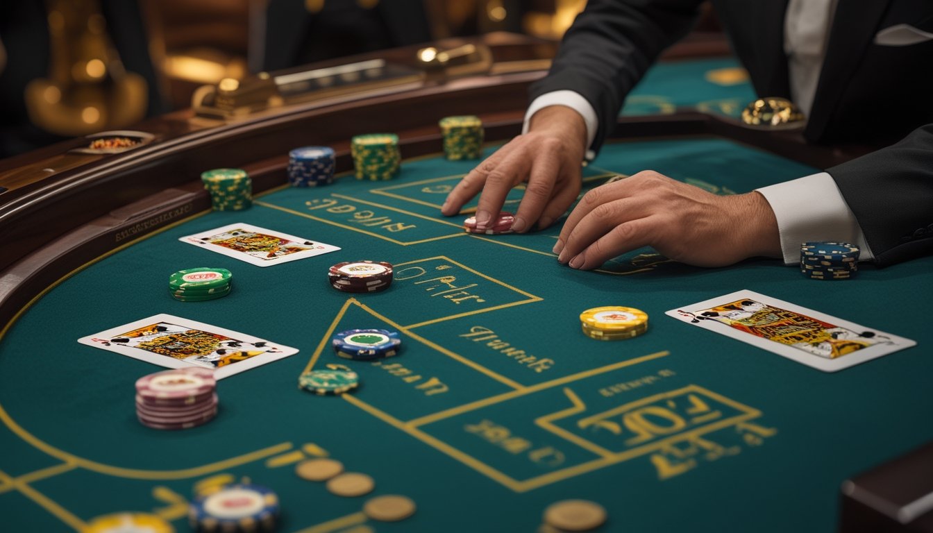 Meja baccarat modern dengan kartu, keping taruhan, dan tangan dealer serta pemain di suasana kasino elegan.