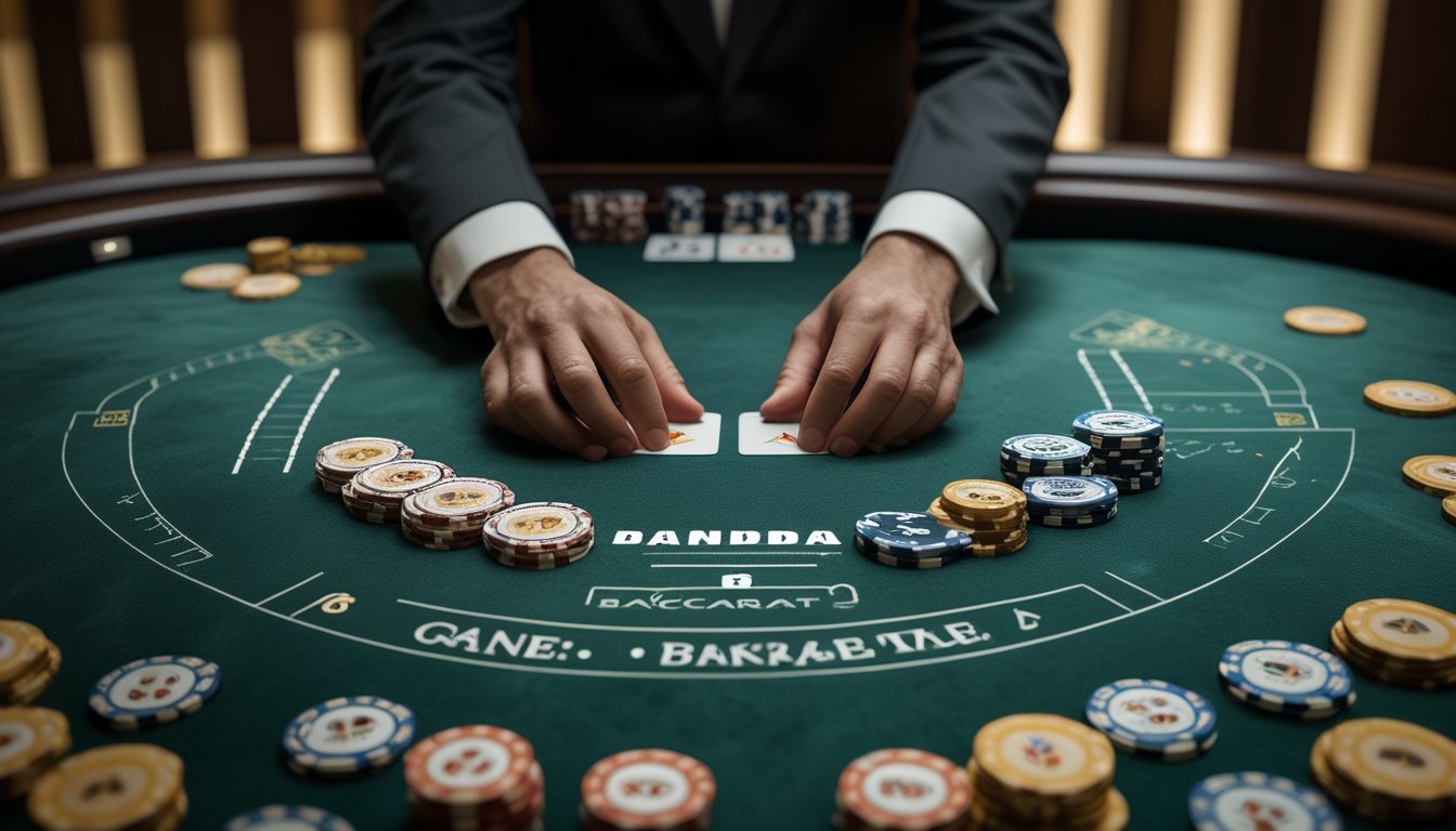 Dealer menata kartu dan keping taruhan di meja baccarat modern.