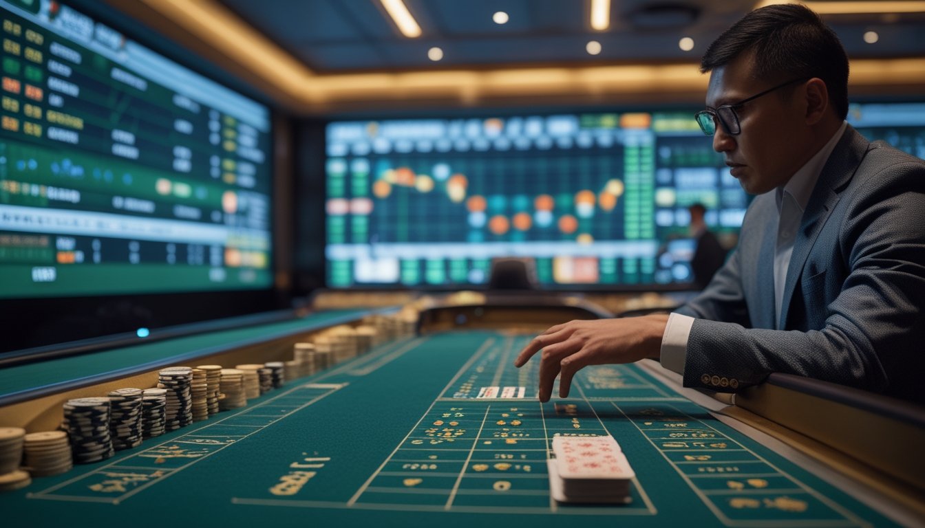 Seseorang menganalisis pola pada papan skor digital di meja baccarat dengan kartu dan keping kasino.