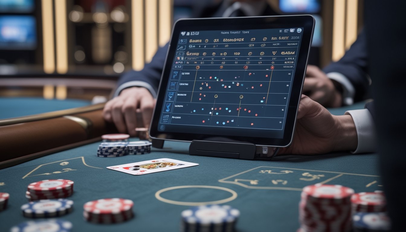 Seseorang menganalisis pola papan skor baccarat pada tablet di dekat meja kasino.