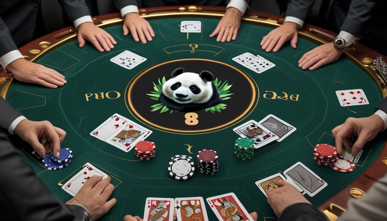 Meja kasino dengan susunan kartu baccarat, poker, blackjack, dan keping taruhan yang dibandingkan.