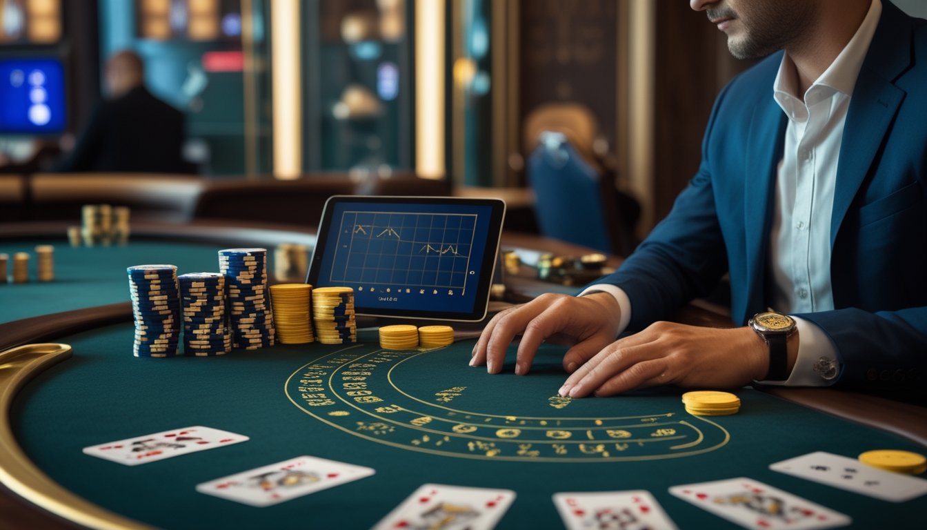 Seorang pemain mempelajari kartu baccarat, keping kasino, dan grafik strategi di meja permainan.