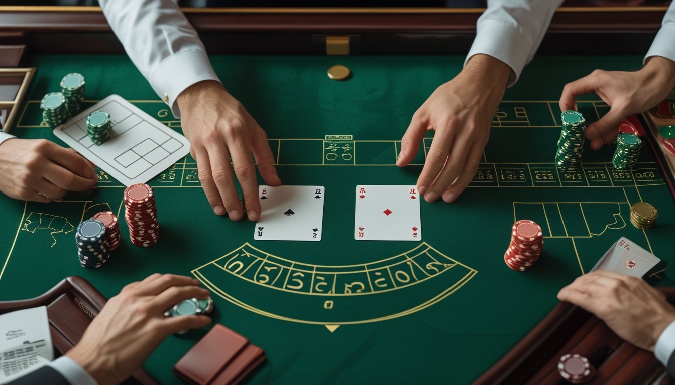 Meja baccarat dengan kartu, tumpukan chip bertingkat, dan tangan bandar yang menyiapkan permainan.
