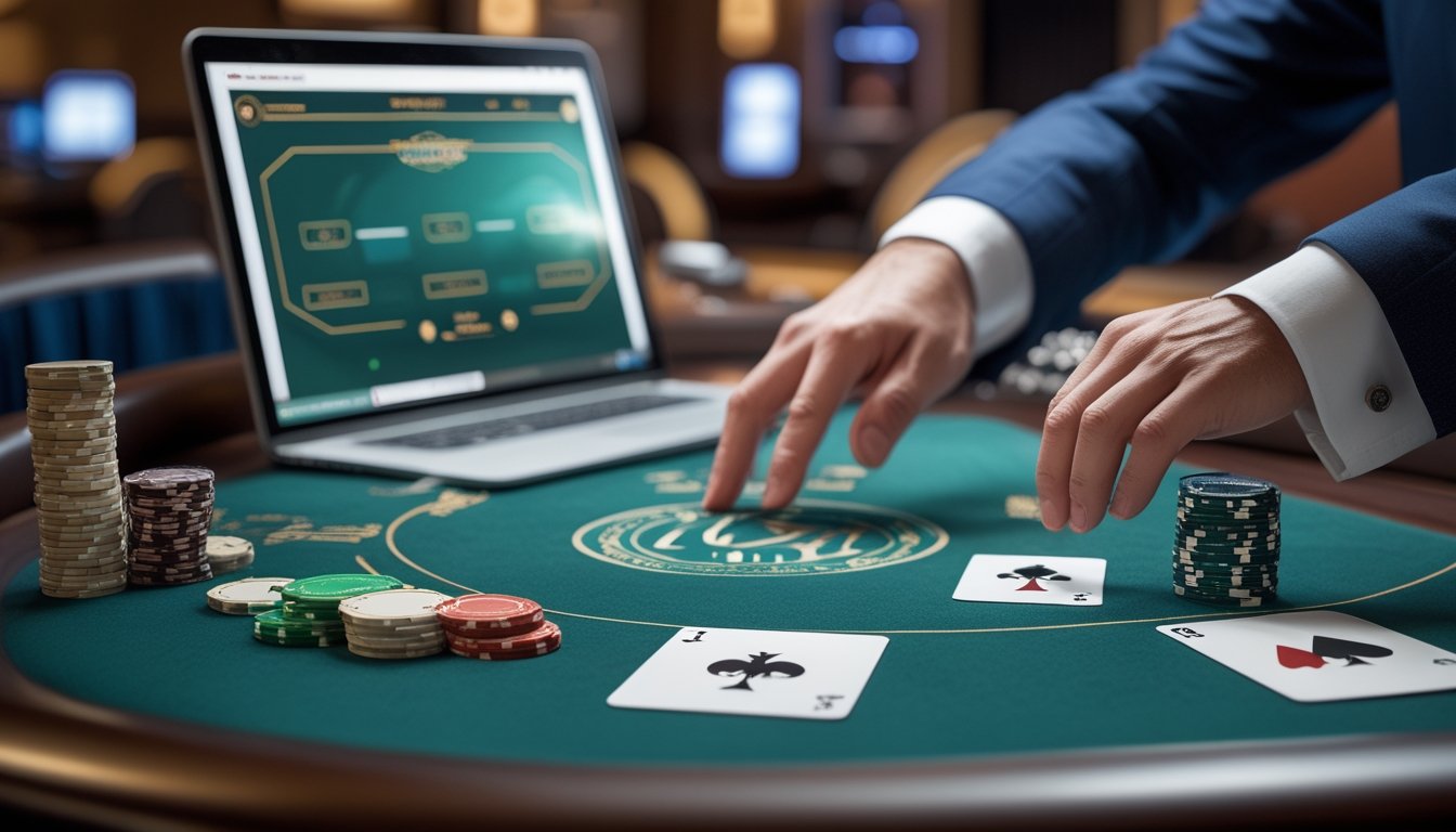 Meja blackjack dengan kartu terbuka, keping kasino, dan perangkat digital di suasana kasino elegan.