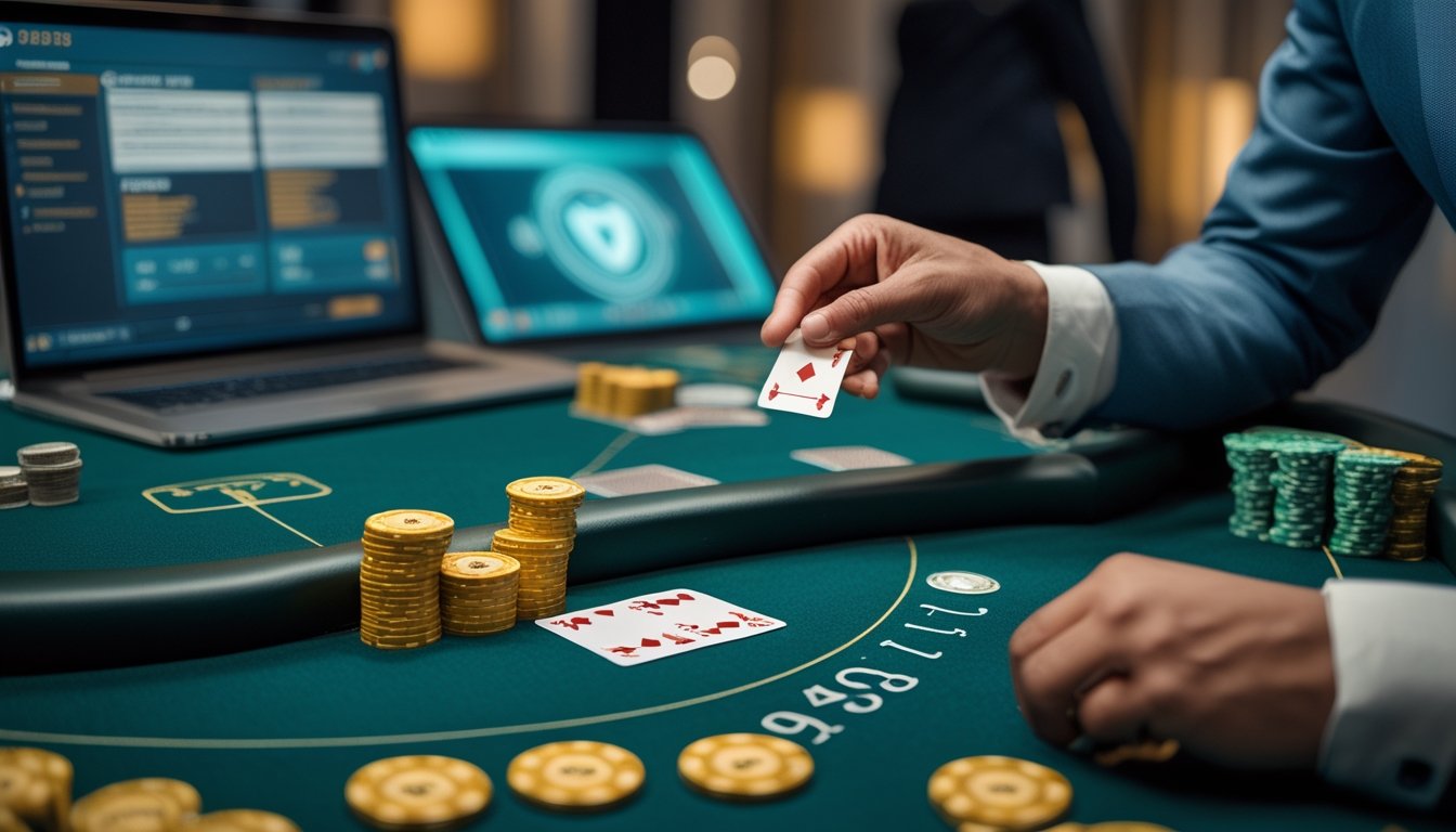 Meja blackjack dengan dua kartu terbuka, keping taruhan, dan perangkat digital di latar belakang.