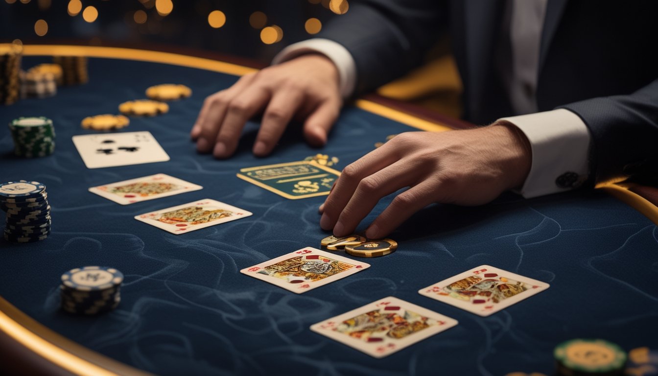 Meja blackjack elegan dengan kartu dan keping taruhan di kasino mewah, disertai efek visual transparan.