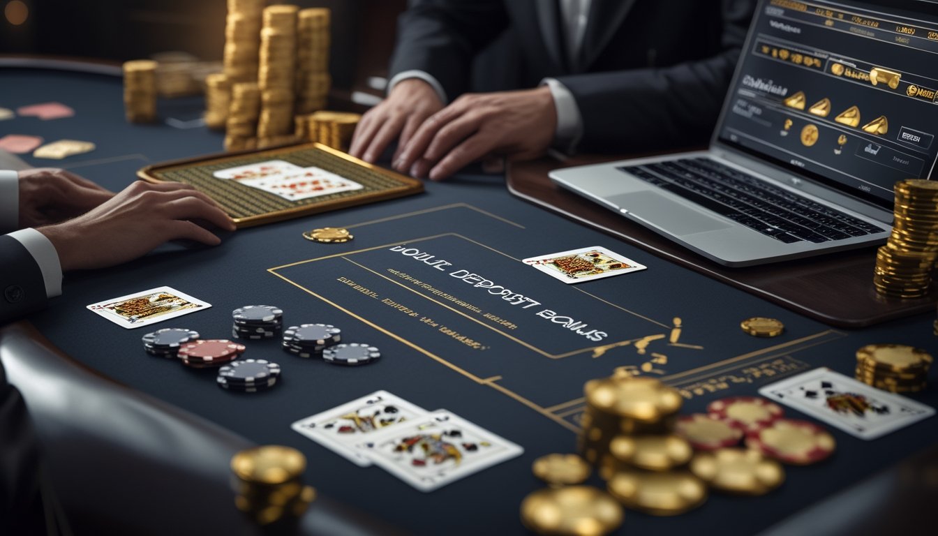 Meja blackjack dengan kartu, tumpukan keping kasino, dan perangkat digital di suasana lounge yang elegan.